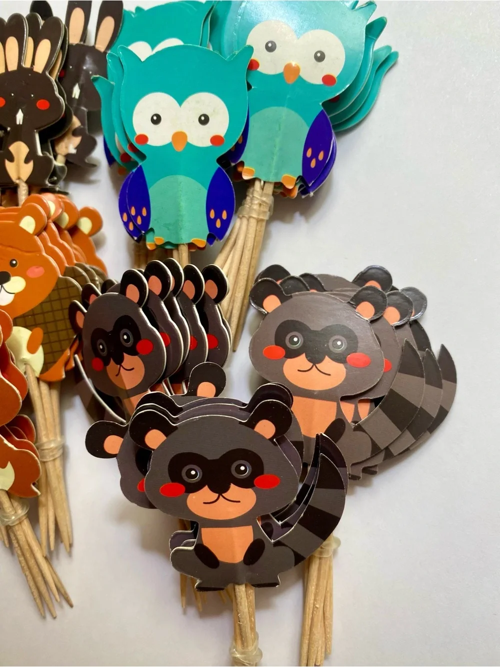 64 Woodland Animal Cupcake Toppers - Owl, Raccoon, Rabbit Party Picks